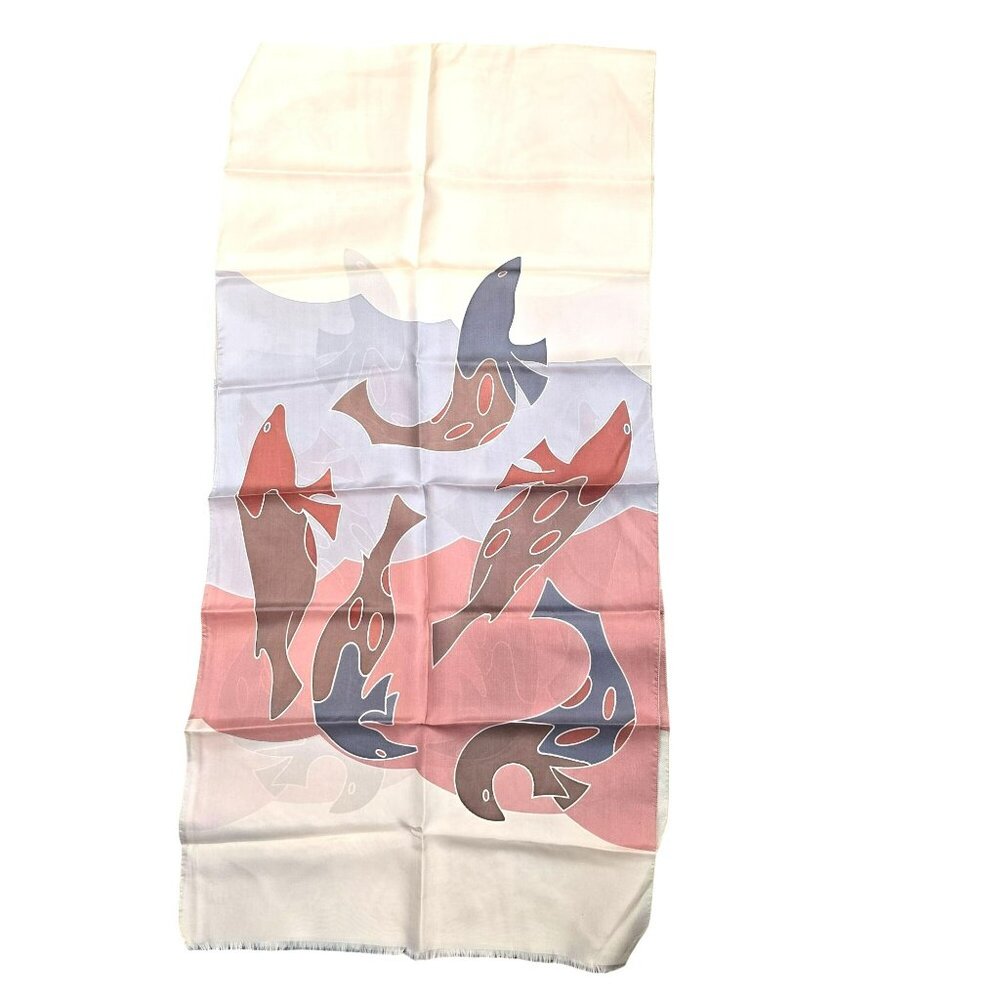 Vintage Hand-Painted Pure Silk Neck Scarf Abstract Fish Design Signed JJ3787